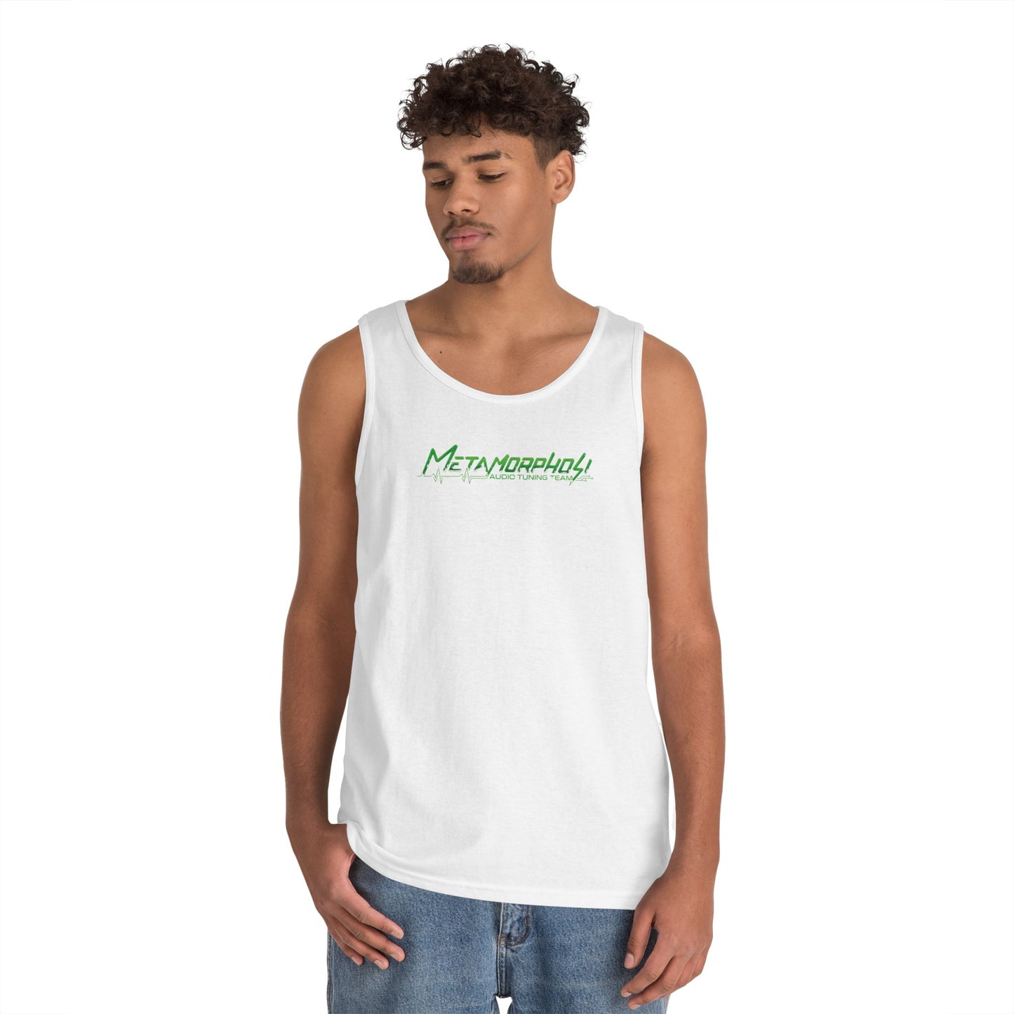 Metamorpholy Green Script Tank Top — Minimalist Graphic Cotton Tank