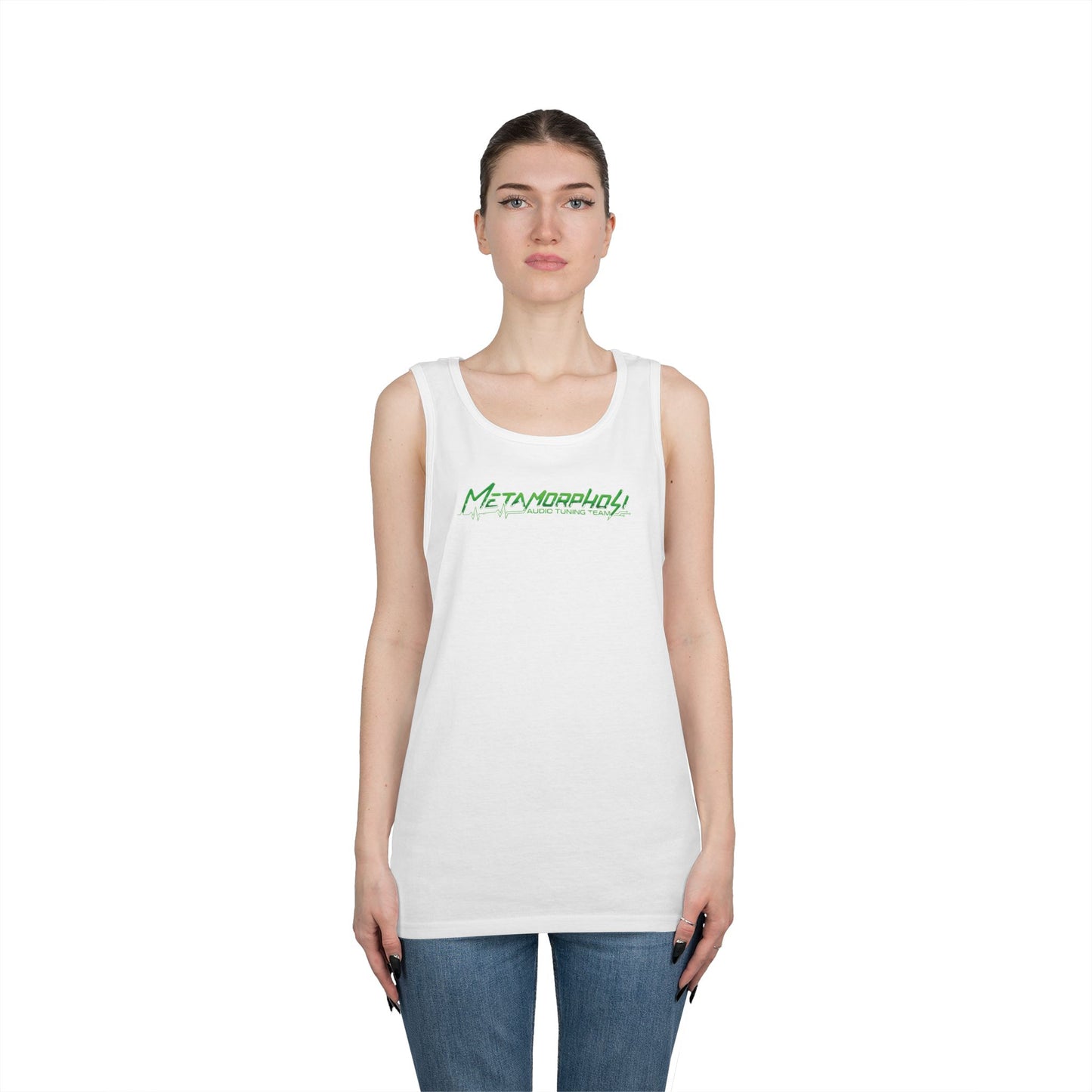 Metamorpholy Green Script Tank Top — Minimalist Graphic Cotton Tank
