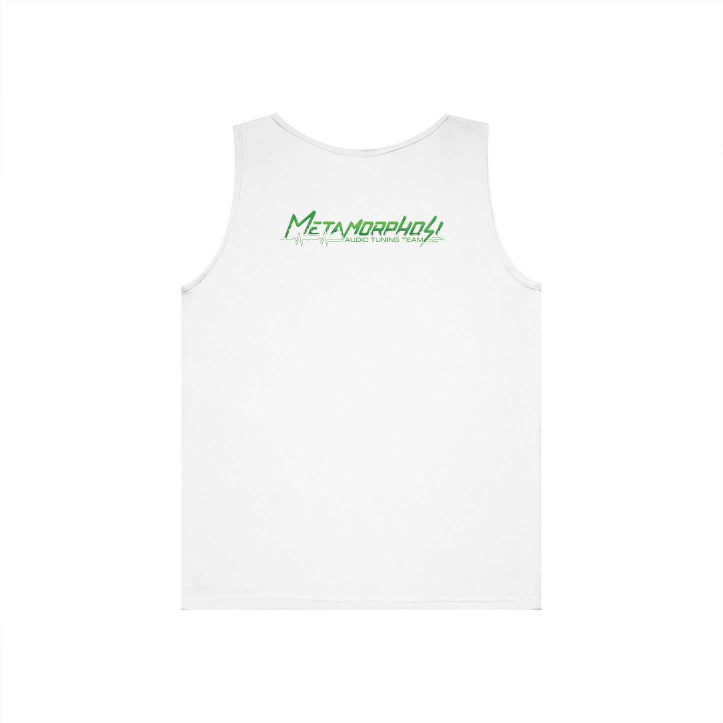 Metamorpholy Green Script Tank Top — Minimalist Graphic Cotton Tank