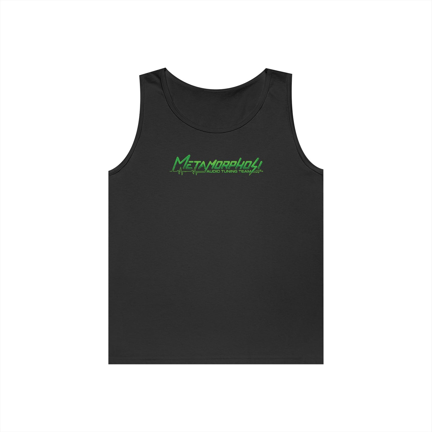 Metamorpholy Green Script Tank Top — Minimalist Graphic Cotton Tank