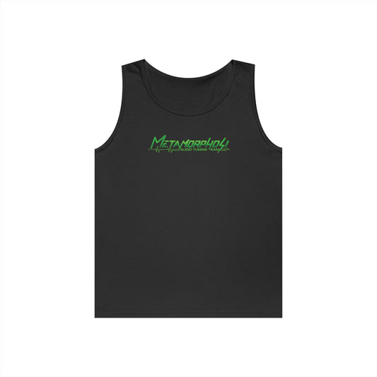 Metamorpholy Green Script Tank Top — Minimalist Graphic Cotton Tank