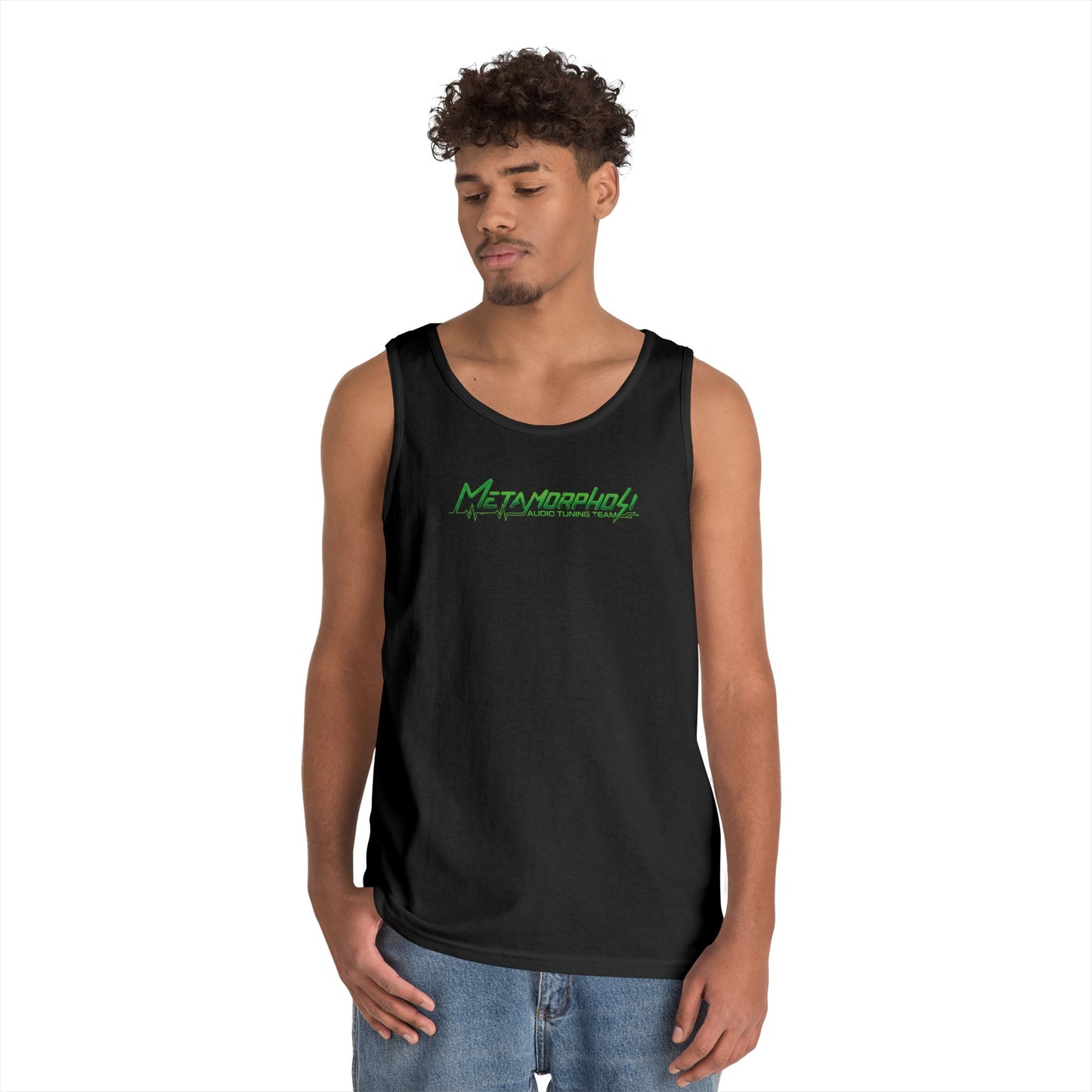 Metamorpholy Green Script Tank Top — Minimalist Graphic Cotton Tank