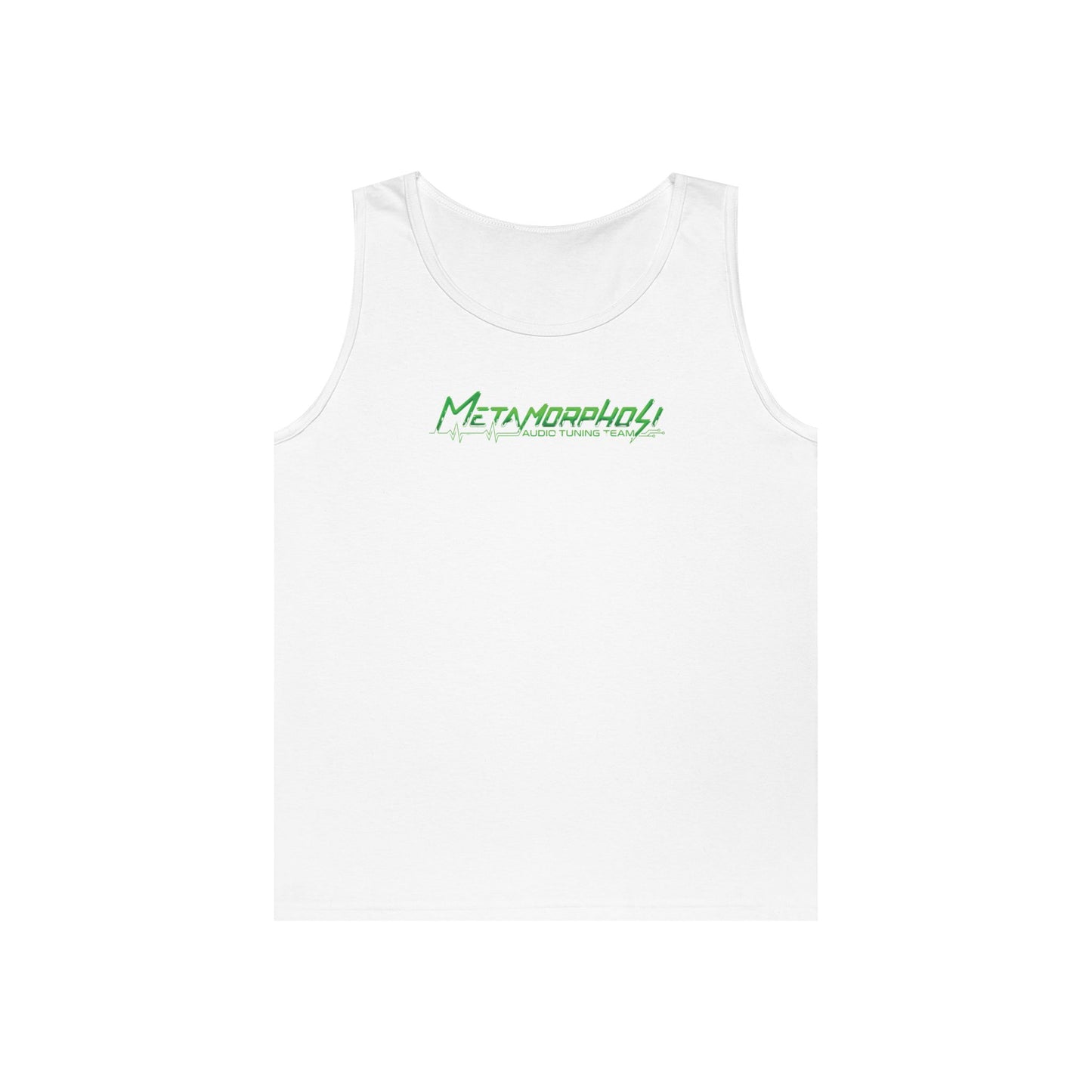 Metamorpholy Green Script Tank Top — Minimalist Graphic Cotton Tank