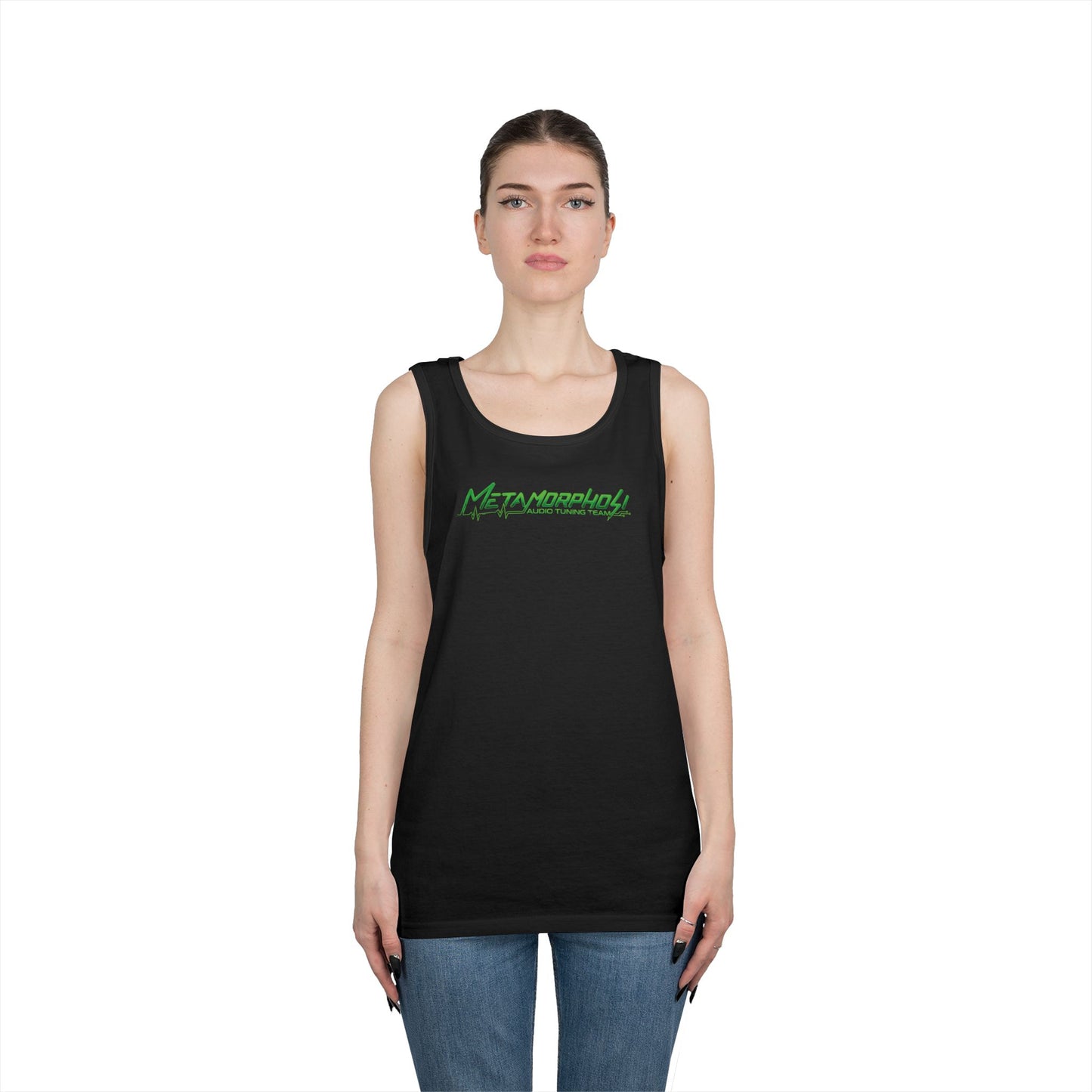 Metamorpholy Green Script Tank Top — Minimalist Graphic Cotton Tank